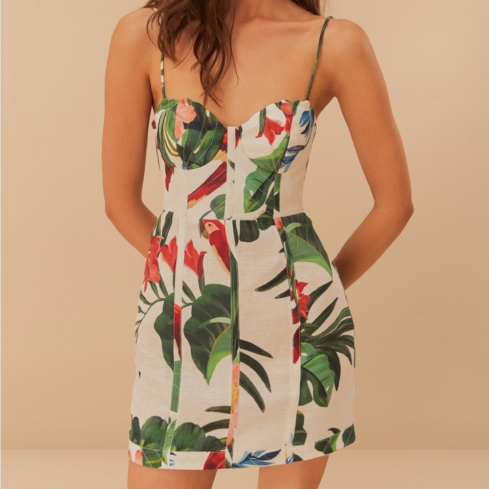 NWT FARM Rio Midnight Macaw Fiesta White Sleeveless Flower Mini Dress